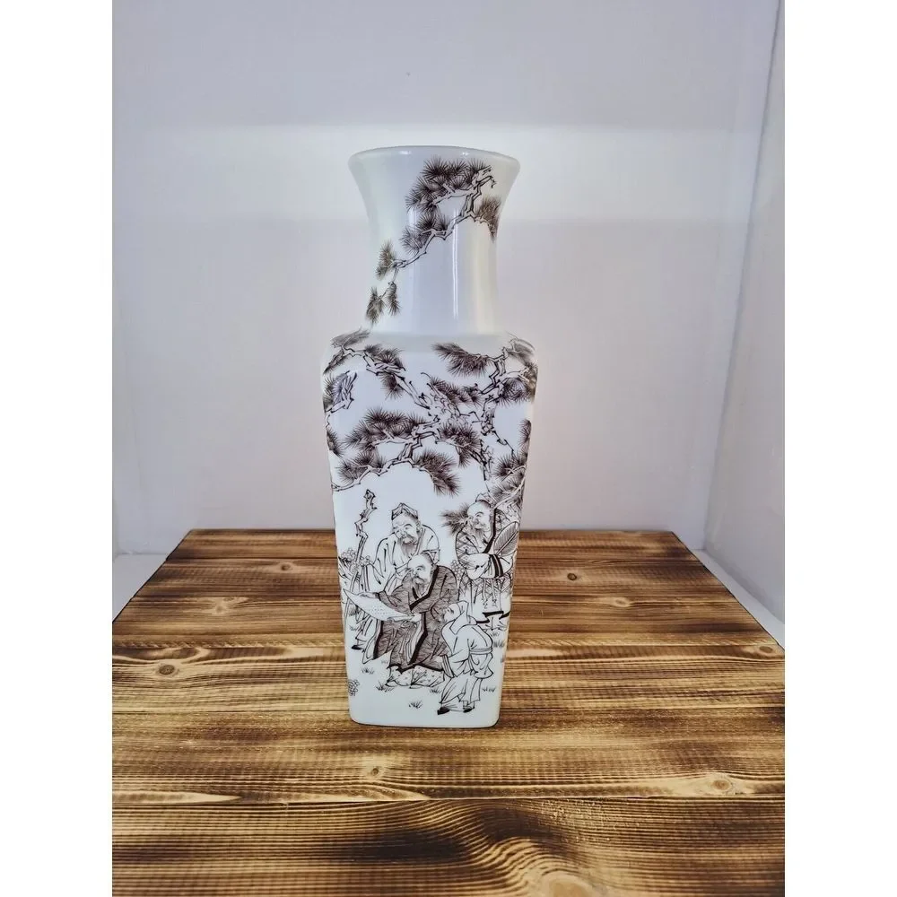Vintage JAPAN Porcelain vase‎ with Japanese scene man reading scroll brown white